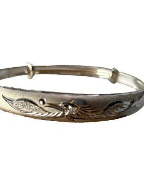 925 Sterling Silver Cuff Bangle Bracelet Adjustable Engraved Feather 14.07g